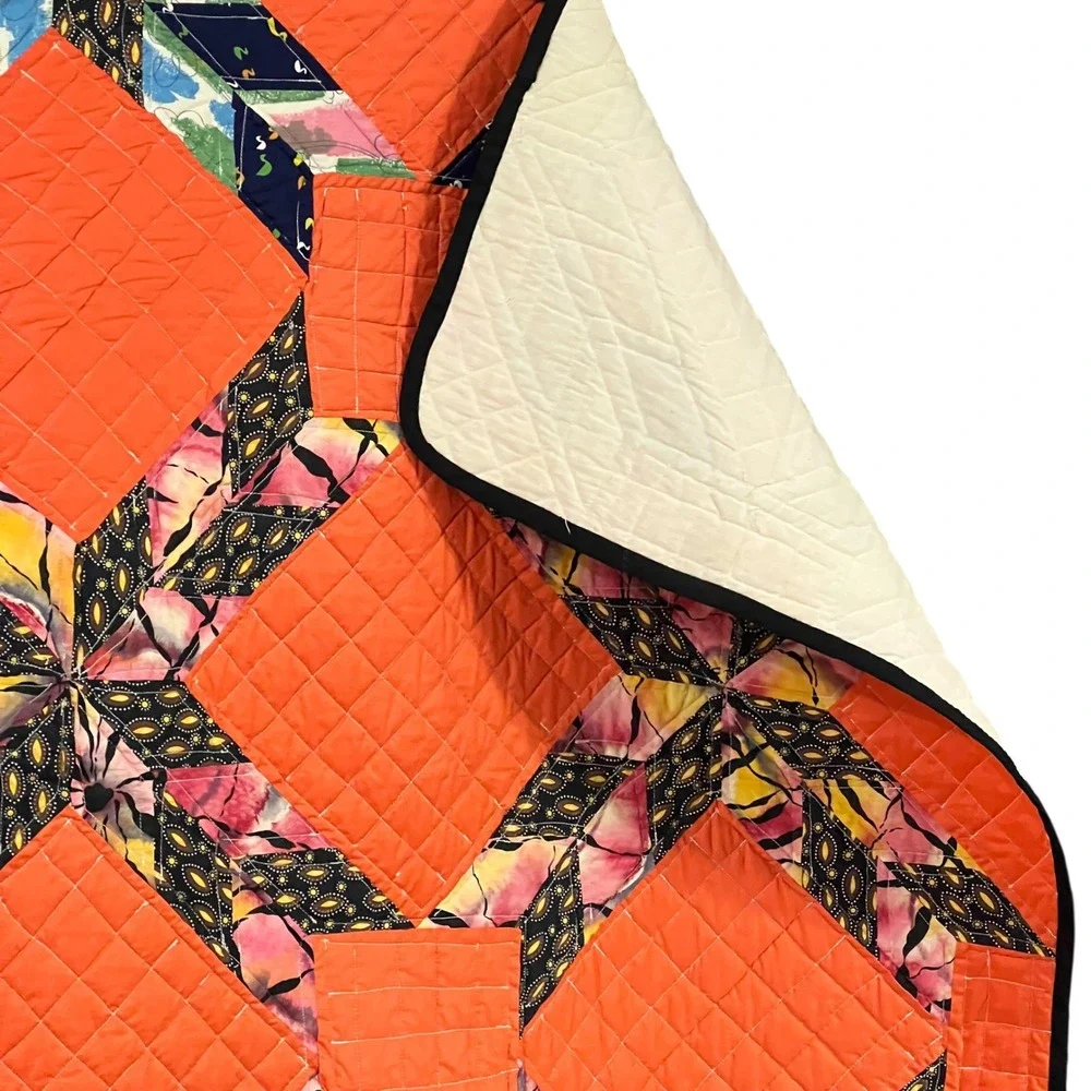 Handmade 68x82‎ Modern Geometric Orange Patchwork Star Quilt Throw Blanket